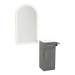 Nova Tower Free Standing Styling Station with Side-Mount Appliance Holder, Solid Surface Countertop, and Gold Arch Paloma Mirror - Kaemark