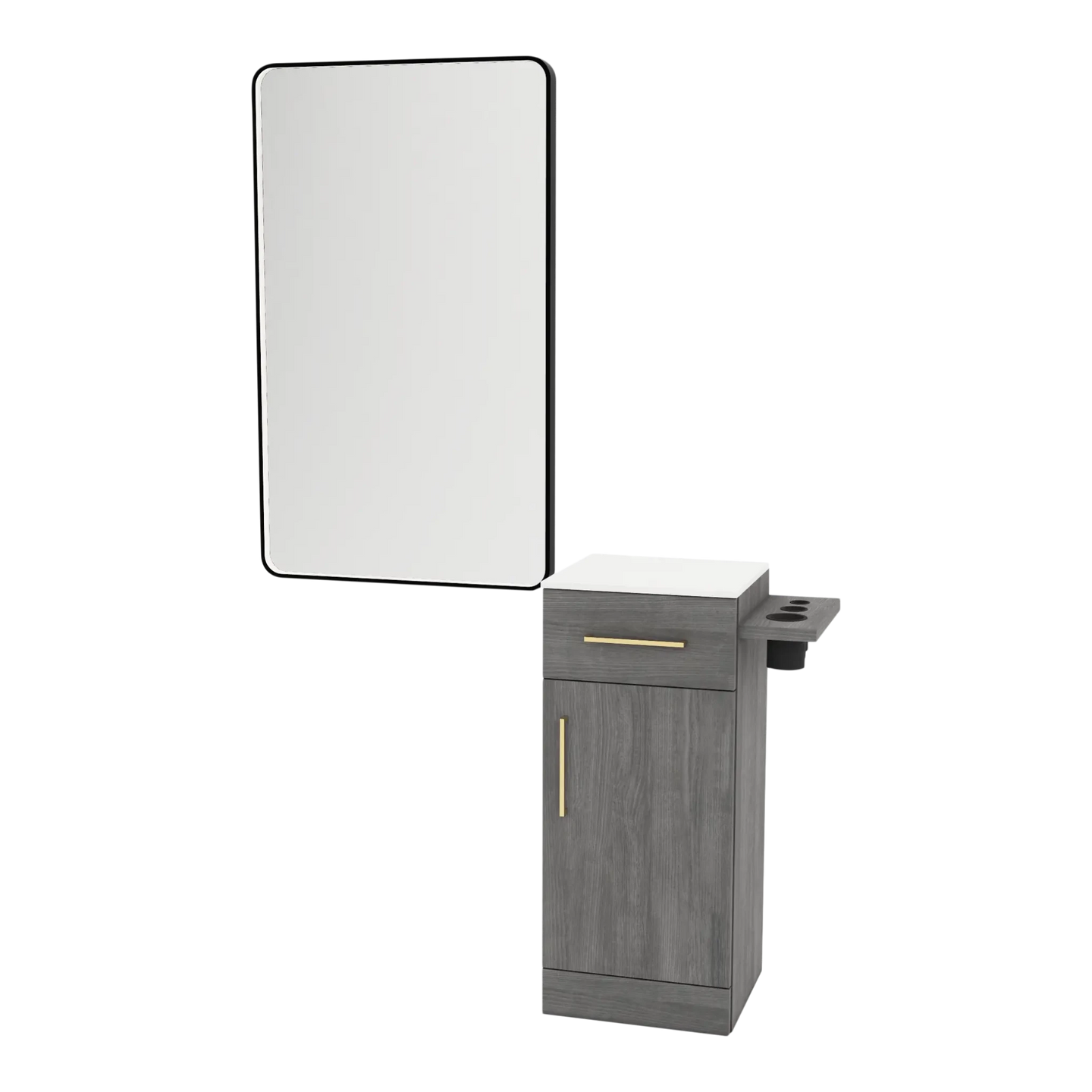 Nova Tower Free Standing Styling Station with Side-Mount Appliance Holder, Solid Surface Countertop, and Black Rectangle Westin Mirror - Kaemark