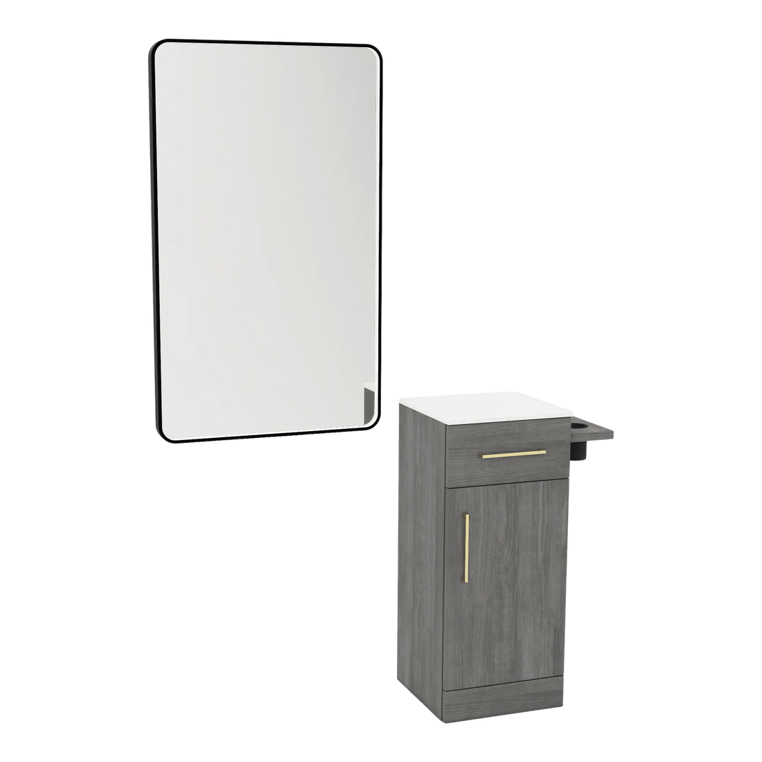 Nova Tower Free Standing Styling Station with Side-Mount Appliance Holder, Solid Surface Countertop, and Black Rectangle Westin Mirror - Kaemark