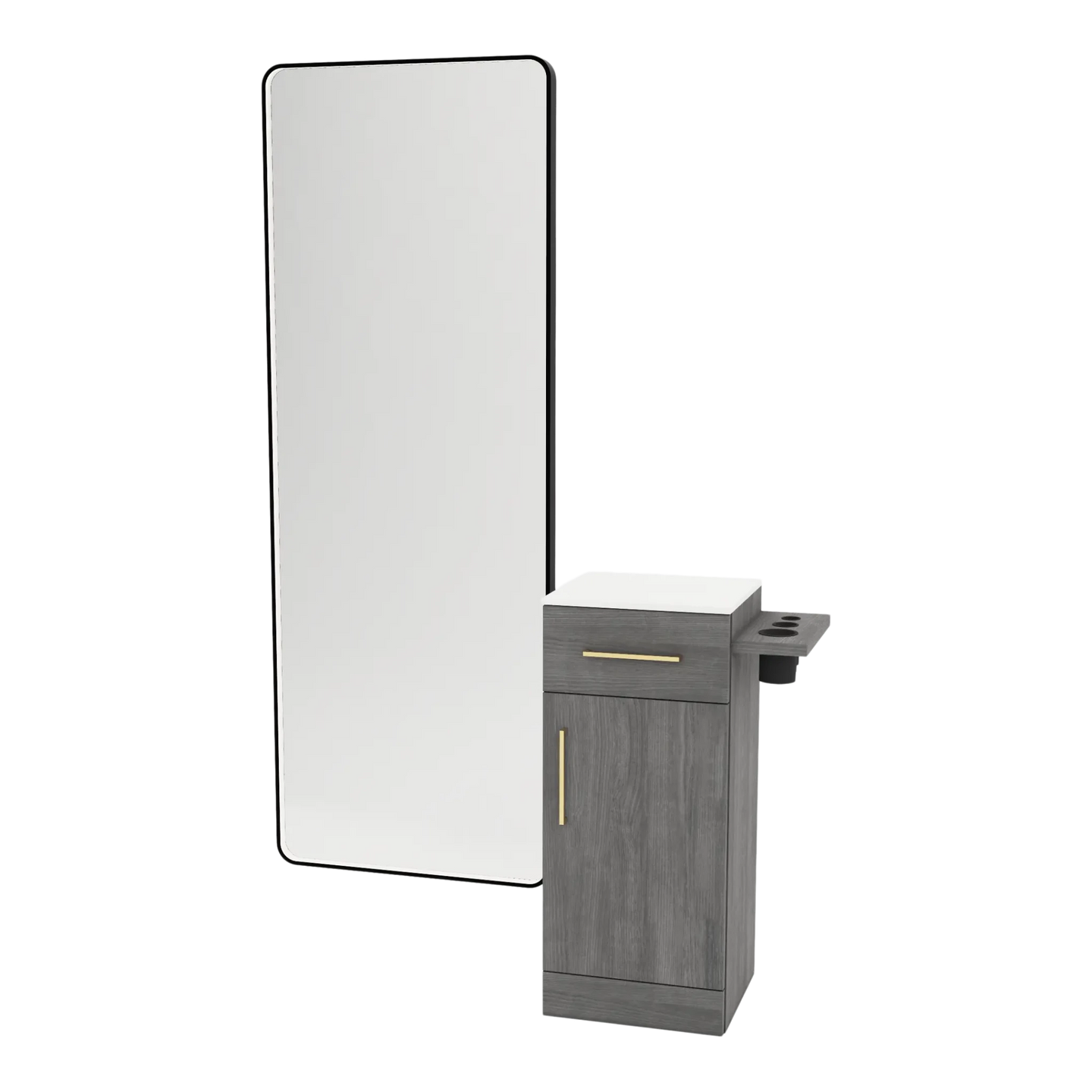 Nova Tower Free Standing Styling Station with Side-Mount Appliance Holder, Solid Surface Countertop, and Black Full-Length Rectangle Westin Mirror - Kaemark