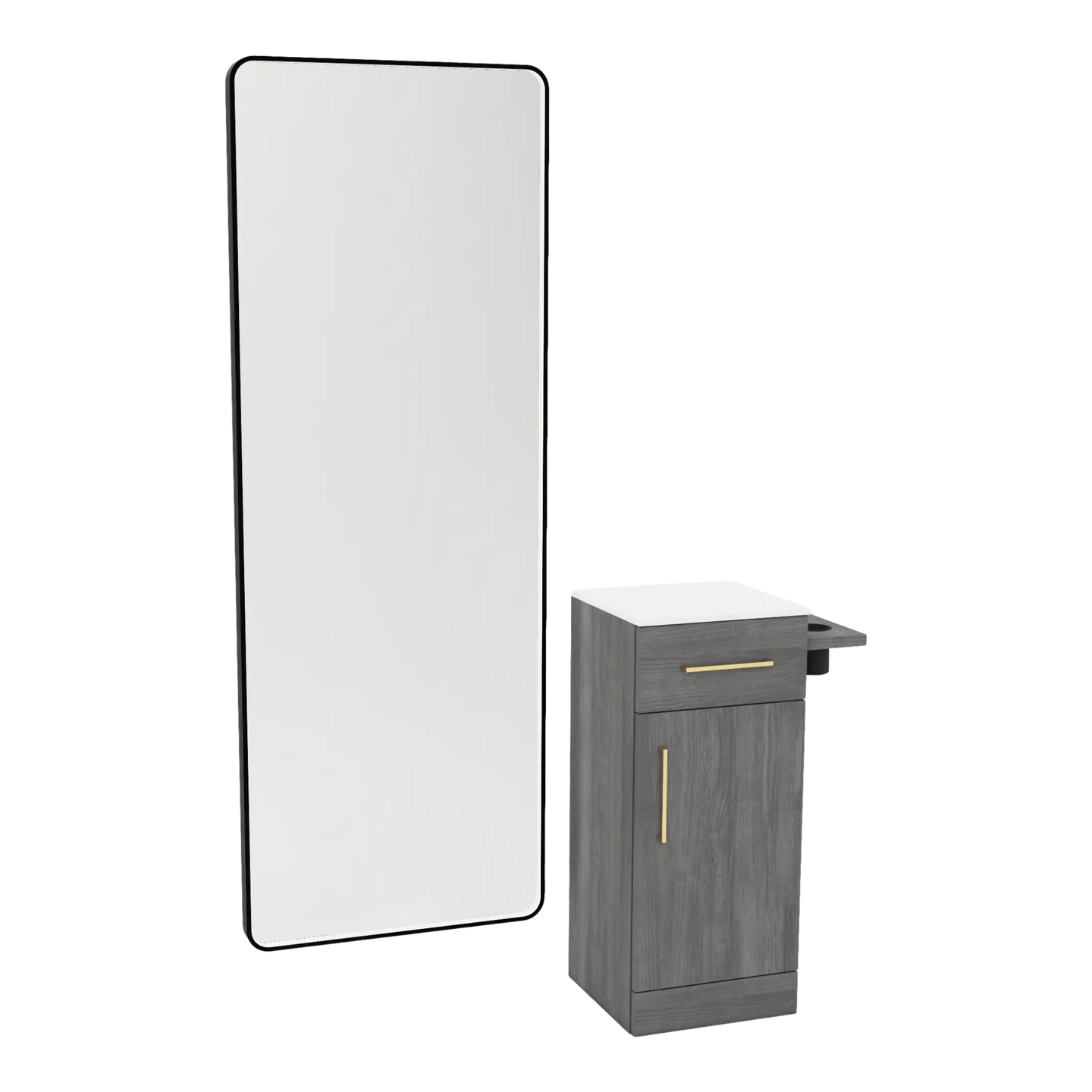 Nova Tower Free Standing Styling Station with Side-Mount Appliance Holder, Solid Surface Countertop, and Black Full-Length Rectangle Westin Mirror - Kaemark