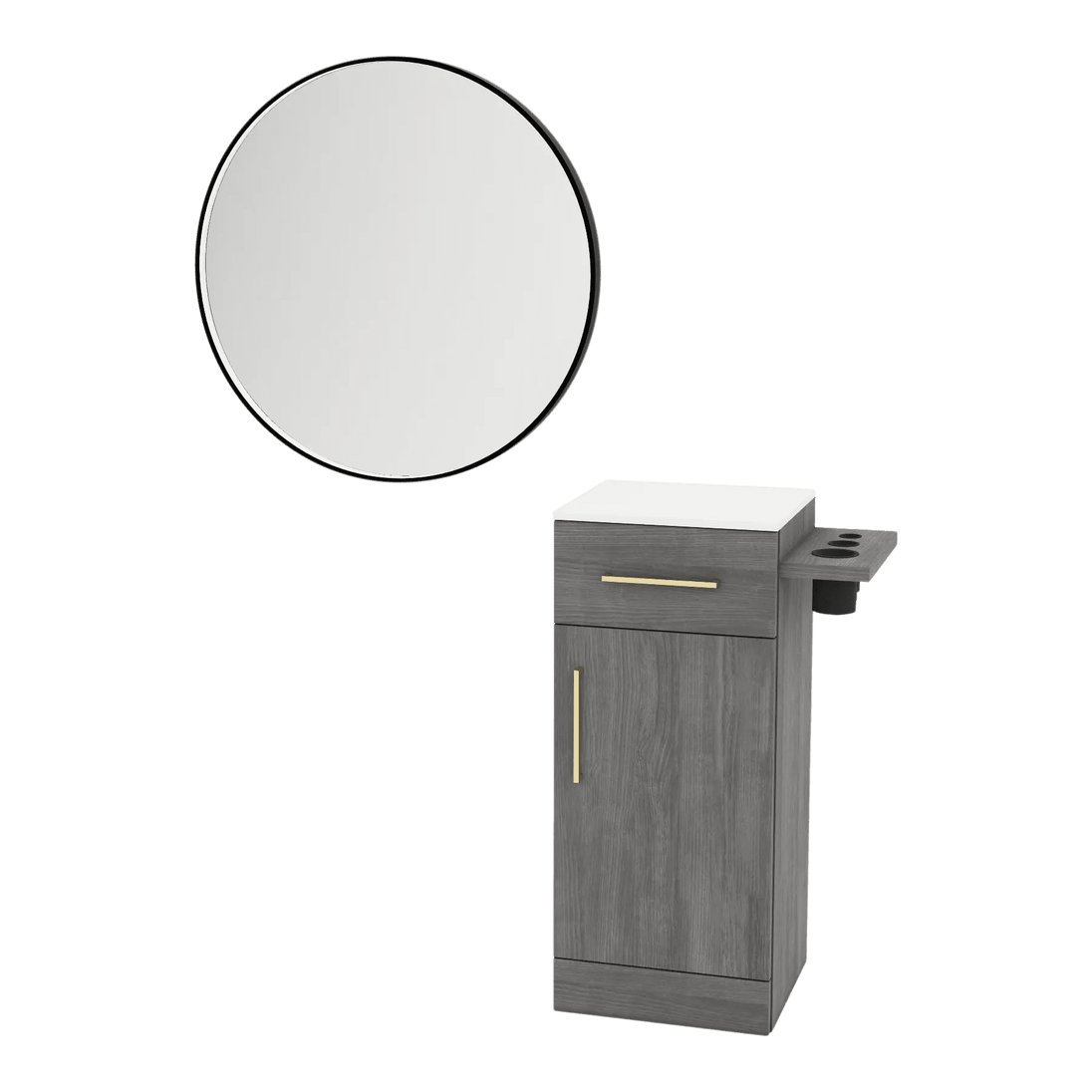 Nova Tower Free Standing Styling Station with Side-Mount Appliance Holder, Solid Surface Countertop, and Black Round Westin Mirror - Kaemark