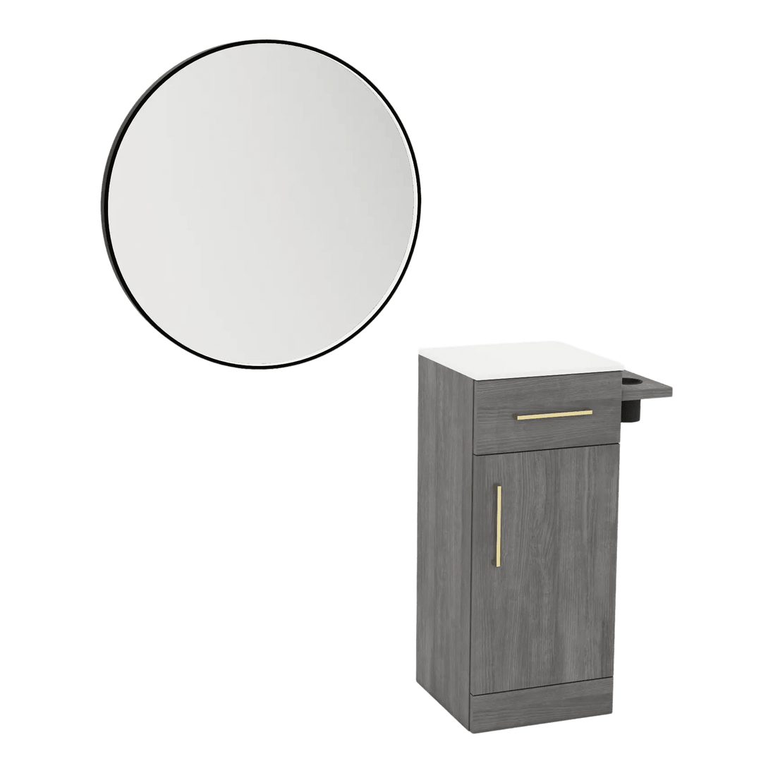 Nova Tower Free Standing Styling Station with Side-Mount Appliance Holder, Solid Surface Countertop, and Black Round Westin Mirror - Kaemark