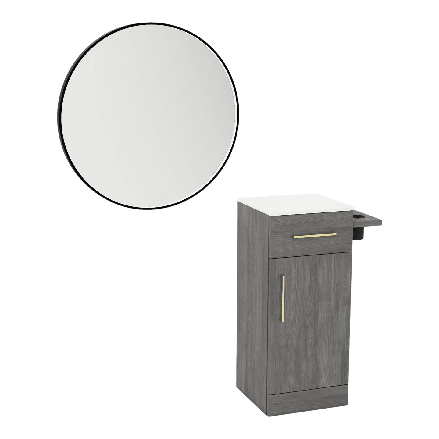 Nova Tower Free Standing Styling Station with Side-Mount Appliance Holder, Solid Surface Countertop, and Black Round Westin Mirror - Kaemark