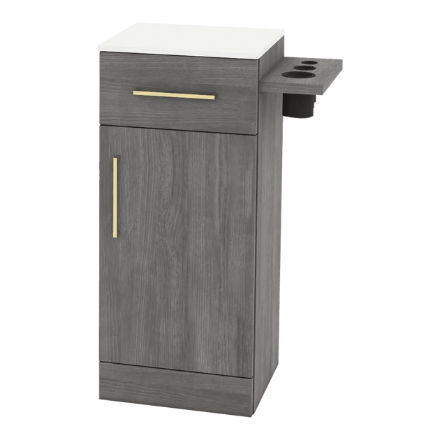 Nova Tower Free Standing Styling Station with Side-Mount Appliance Holder and Solid Surface Countertop (Cabinet Only) - Kaemark