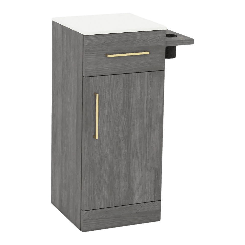 Nova Tower Free Standing Styling Station with Side-Mount Appliance Holder and Solid Surface Countertop (Cabinet Only) - Kaemark