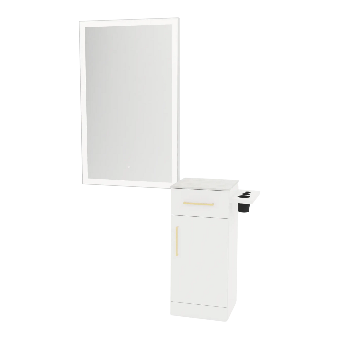 Nova Wall Mount Styling Station with Concealed Appliance Holder, Solid Surface Countertop, and Silver Rectangle Glo Mirror - Kaemark