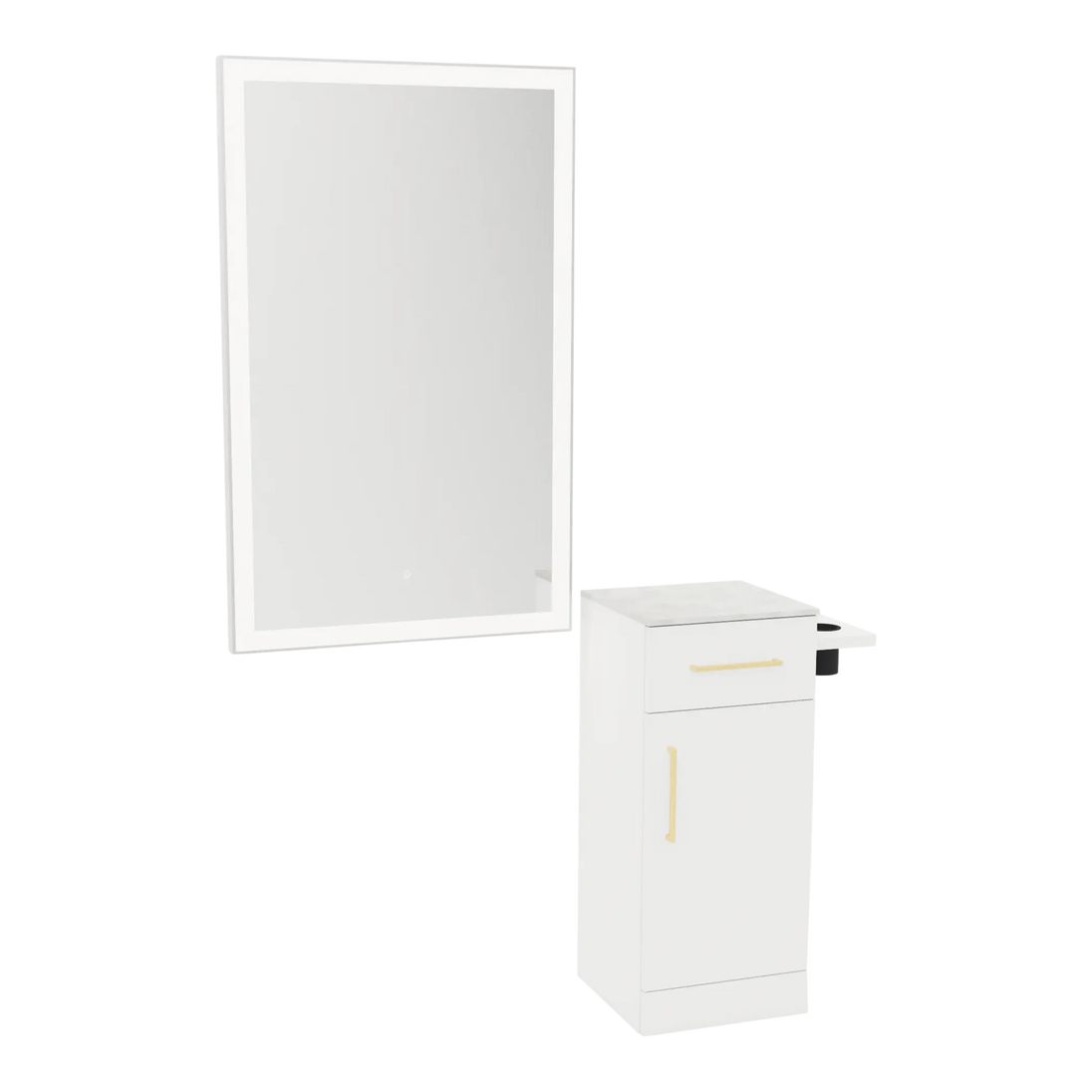 Nova Wall Mount Styling Station with Concealed Appliance Holder, Solid Surface Countertop, and Silver Rectangle Glo Mirror - Kaemark