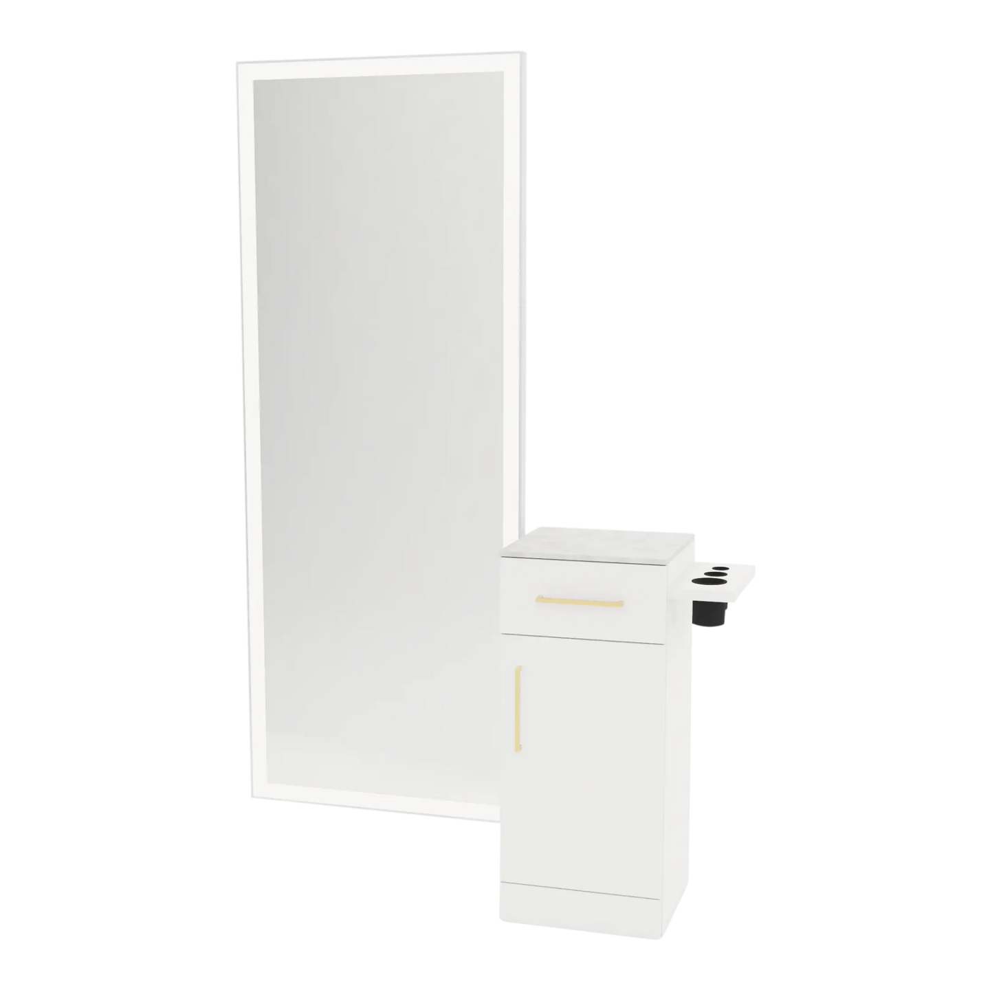 Nova Tower Free Standing Styling Station with Side-Mount Appliance Holder, Solid Surface Countertop, and Silver Full-Length Rectangle Glo Mirror - Kaemark