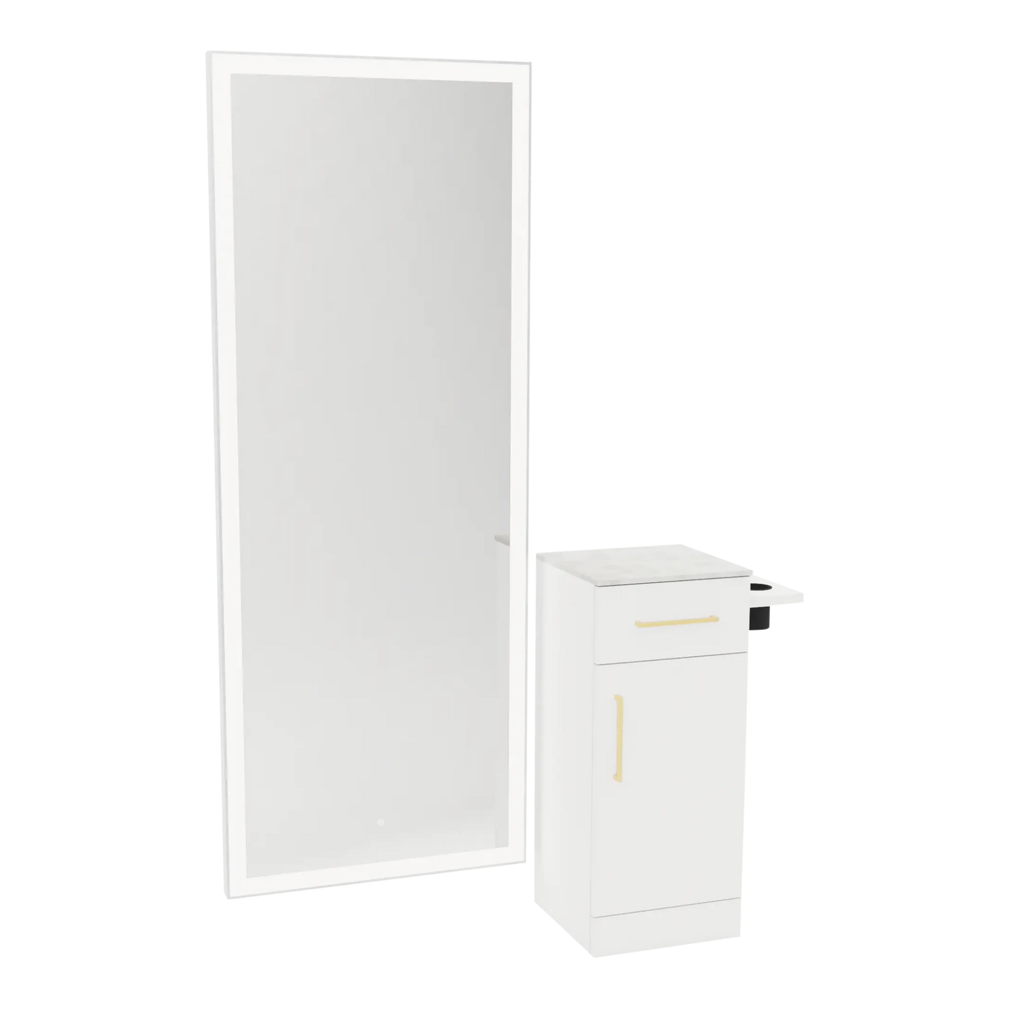 Nova Tower Free Standing Styling Station with Side-Mount Appliance Holder, Solid Surface Countertop, and Silver Full-Length Rectangle Glo Mirror - Kaemark