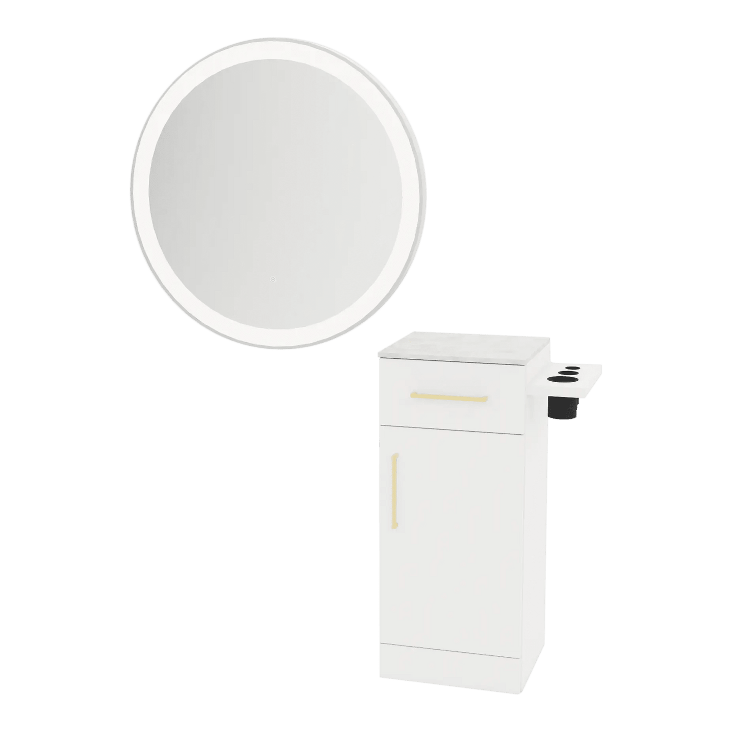 Nova Tower Free Standing Styling Station with Side-Mount Appliance Holder, Solid Surface Countertop, and Silver Round Glo Mirror - Kaemark