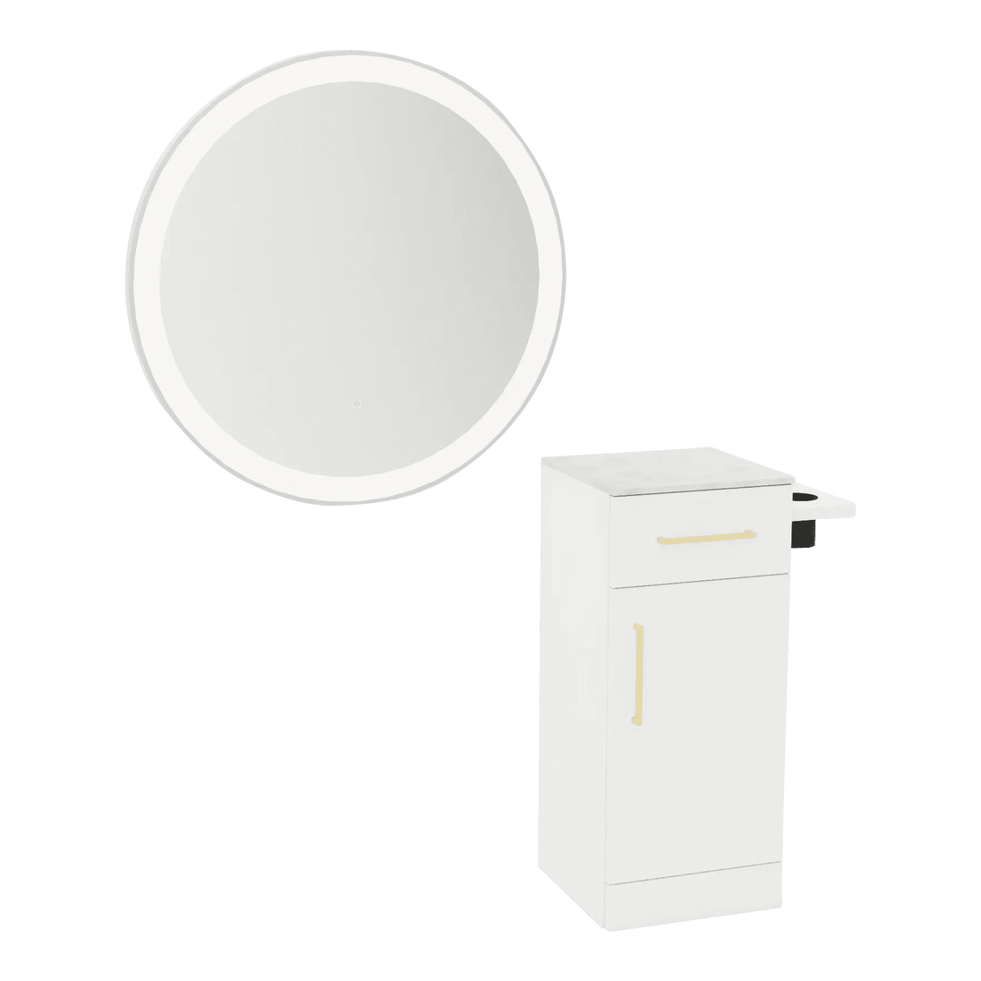 Nova Tower Free Standing Styling Station with Side-Mount Appliance Holder, Solid Surface Countertop, and Silver Round Glo Mirror - Kaemark
