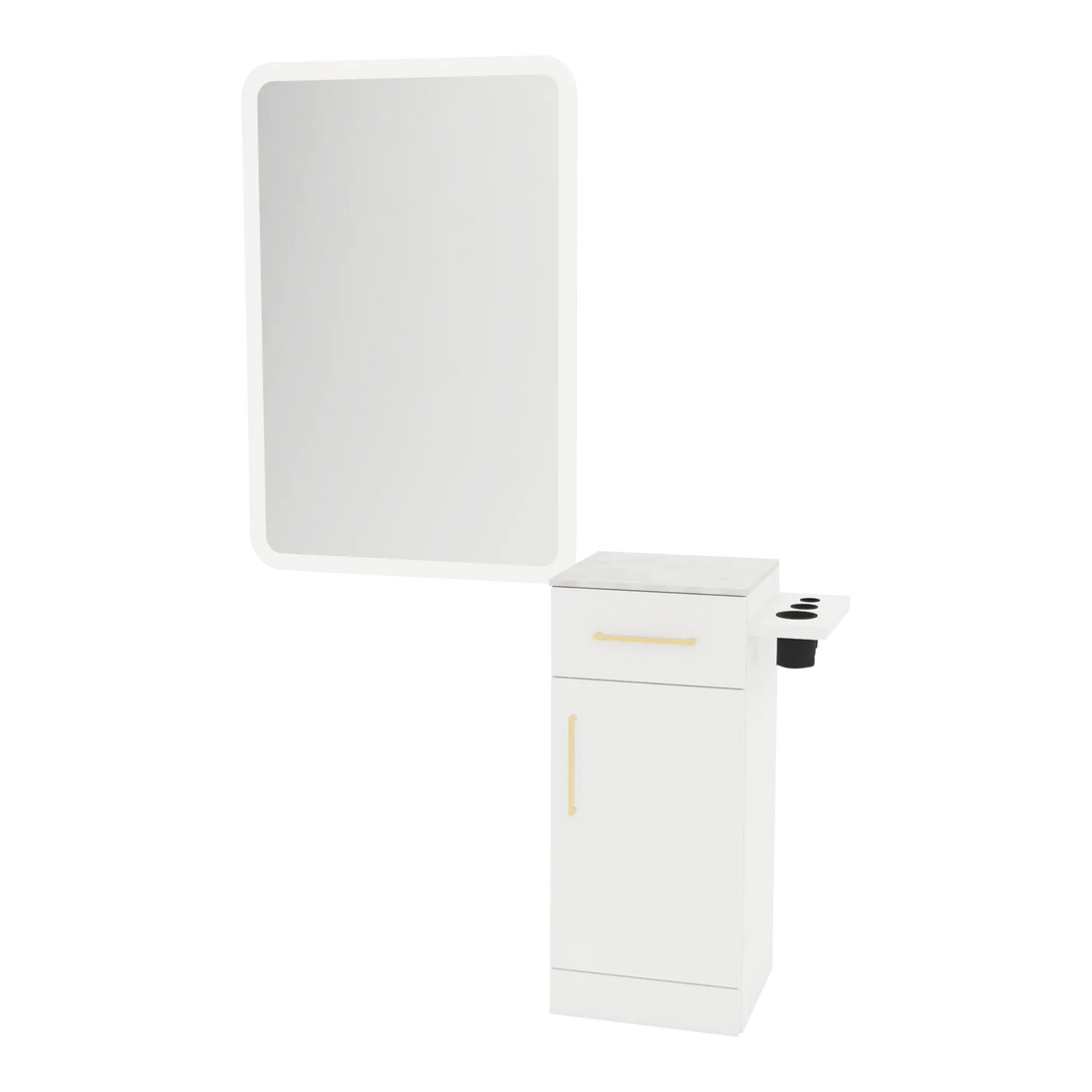 Nova Tower Free Standing Styling Station with Side-Mount Appliance Holder, Solid Surface Countertop, and White Rectangle Illuminate Back Lit Mirror - Kaemark
