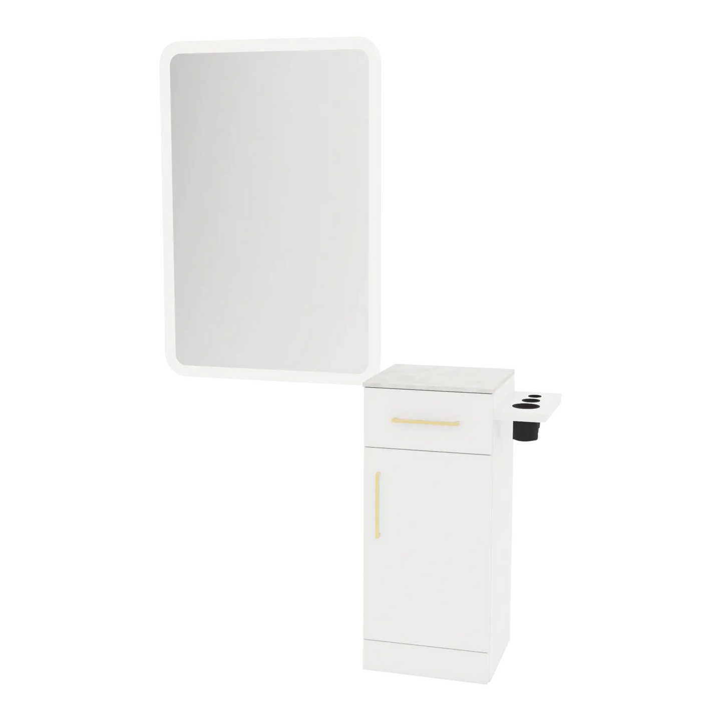 Nova Tower Free Standing Styling Station with Side-Mount Appliance Holder, Solid Surface Countertop, and White Rectangle Illuminate Back Lit Mirror - Kaemark