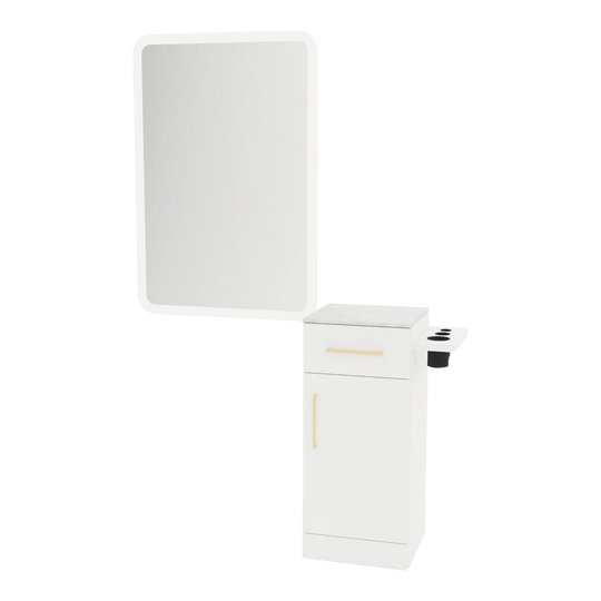Nova Tower Free Standing Styling Station with Side-Mount Appliance Holder, Solid Surface Countertop, and White Rectangle Illuminate Back Lit Mirror - Kaemark