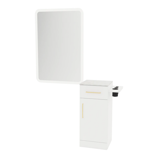 Nova Tower Free Standing Styling Station with Side-Mount Appliance Holder, Solid Surface Countertop, and White Rectangle Illuminate Back Lit Mirror - Kaemark