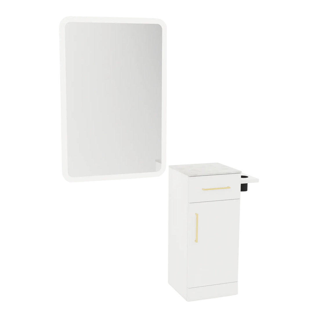 Nova Tower Free Standing Styling Station with Side-Mount Appliance Holder, Solid Surface Countertop, and White Rectangle Illuminate Back Lit Mirror - Kaemark