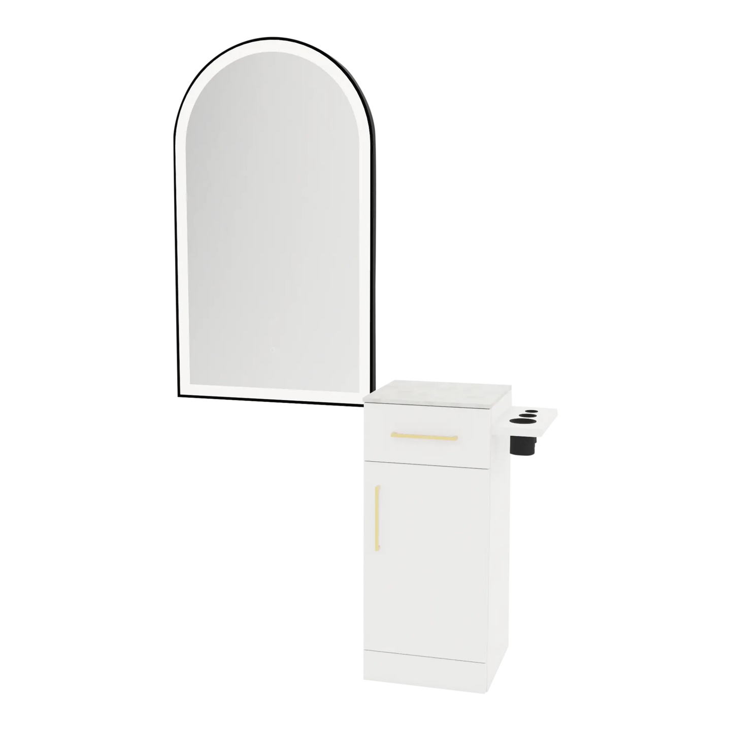 Nova Tower Free Standing Styling Station with Side-Mount Appliance Holder, Solid Surface Countertop, and Black Arch Paloma Mirror - Kaemark