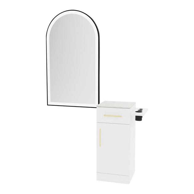 Nova Tower Free Standing Styling Station with Side-Mount Appliance Holder, Solid Surface Countertop, and Black Arch Paloma Mirror - Kaemark