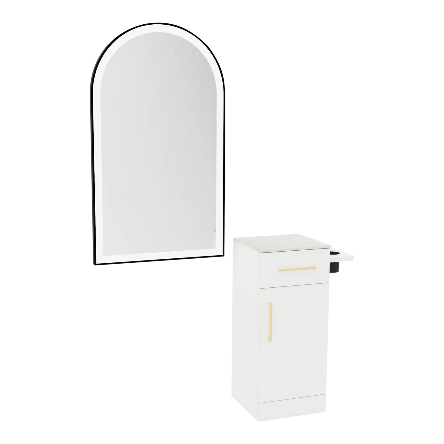 Nova Tower Free Standing Styling Station with Side-Mount Appliance Holder, Solid Surface Countertop, and Black Arch Paloma Mirror - Kaemark