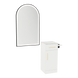 Nova Tower Free Standing Styling Station with Side-Mount Appliance Holder, Solid Surface Countertop, and Black Arch Paloma Mirror - Kaemark