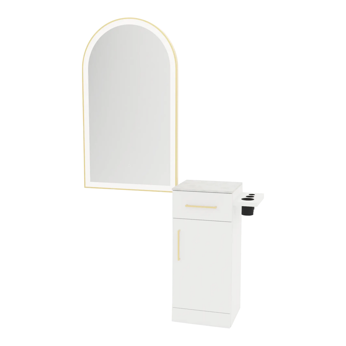 Nova Tower Free Standing Styling Station with Side-Mount Appliance Holder, Solid Surface Countertop, and Gold Arch Paloma Mirror - Kaemark