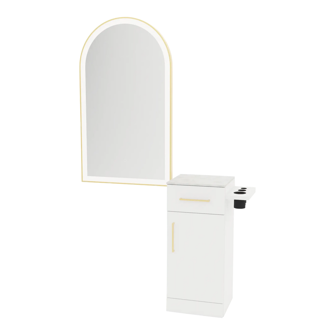 Nova Tower Free Standing Styling Station with Side-Mount Appliance Holder, Solid Surface Countertop, and Gold Arch Paloma Mirror - Kaemark