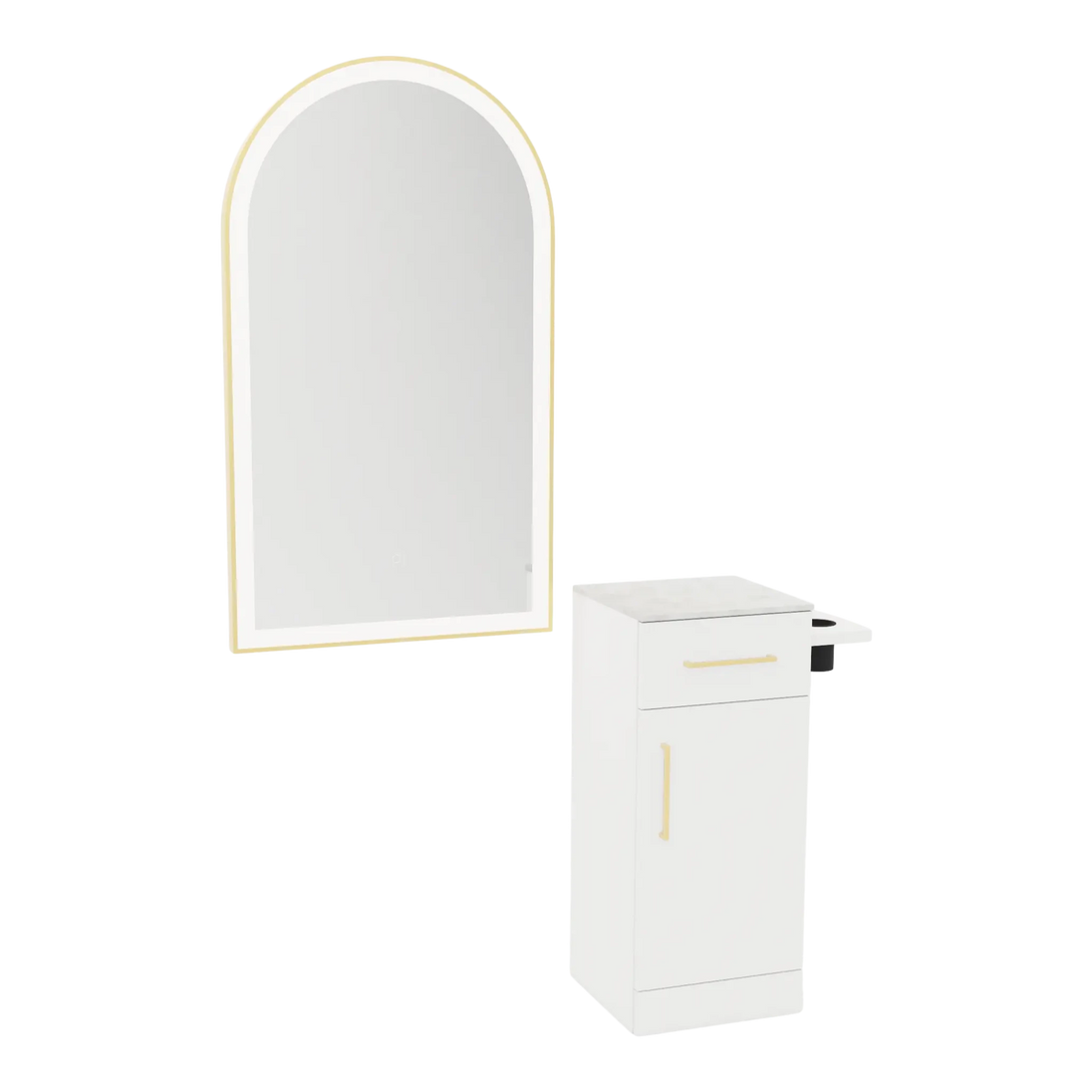 Nova Tower Free Standing Styling Station with Side-Mount Appliance Holder, Solid Surface Countertop, and Gold Arch Paloma Mirror - Kaemark