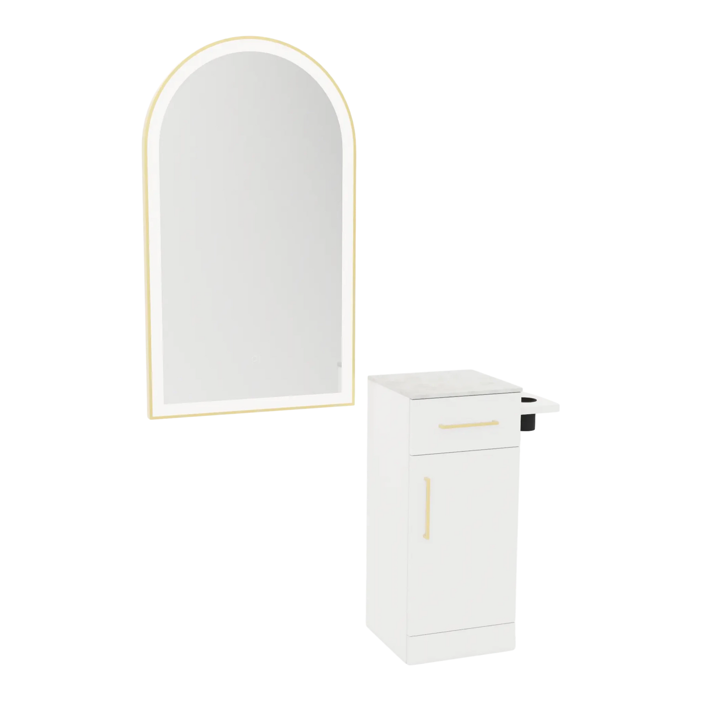 Nova Tower Free Standing Styling Station with Side-Mount Appliance Holder, Solid Surface Countertop, and Gold Arch Paloma Mirror - Kaemark