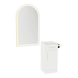 Nova Tower Free Standing Styling Station with Side-Mount Appliance Holder, Solid Surface Countertop, and Gold Arch Paloma Mirror - Kaemark