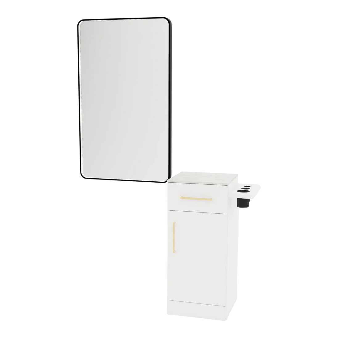Nova Tower Free Standing Styling Station with Side-Mount Appliance Holder, Solid Surface Countertop, and Black Rectangle Westin Mirror - Kaemark