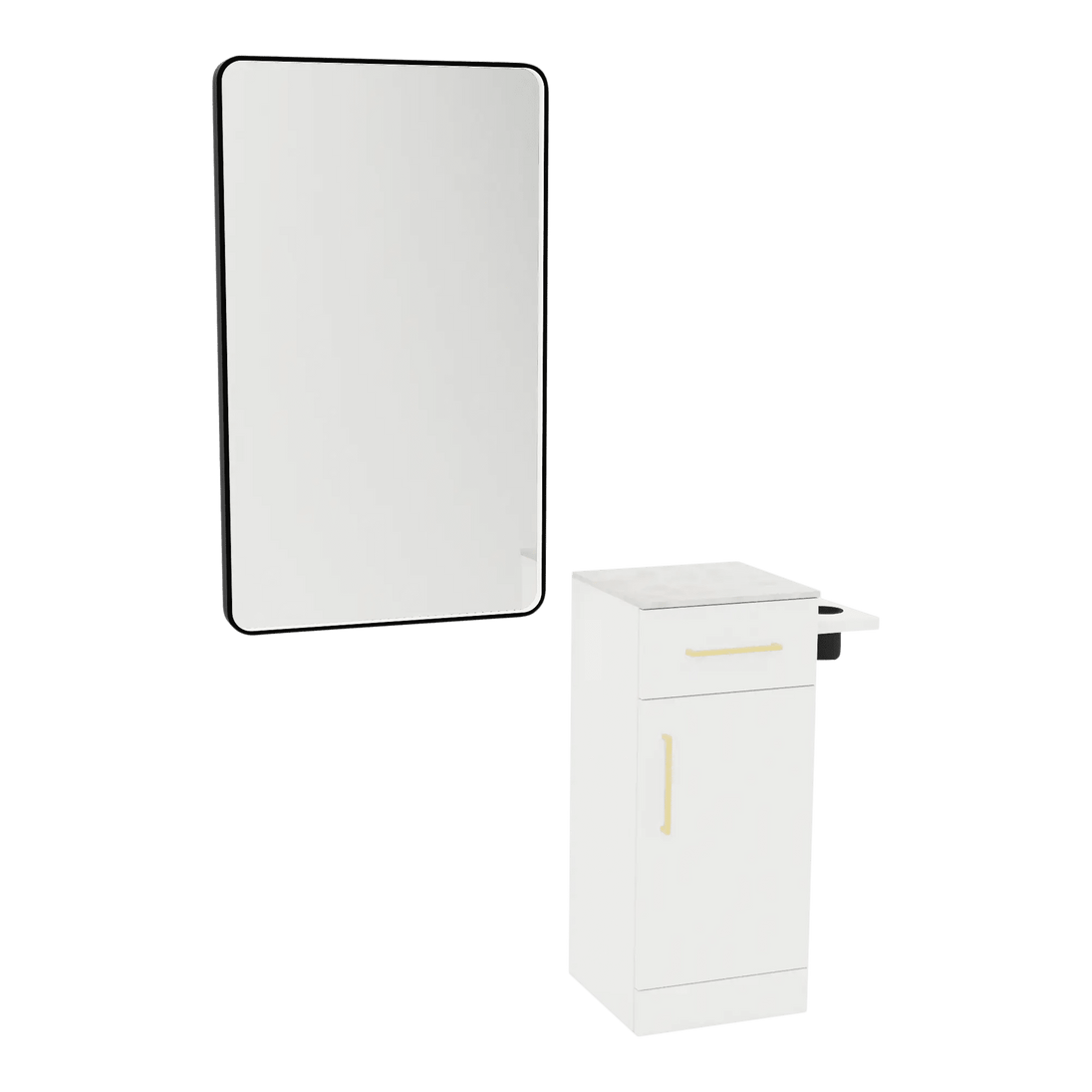 Nova Tower Free Standing Styling Station with Side-Mount Appliance Holder, Solid Surface Countertop, and Black Rectangle Westin Mirror - Kaemark