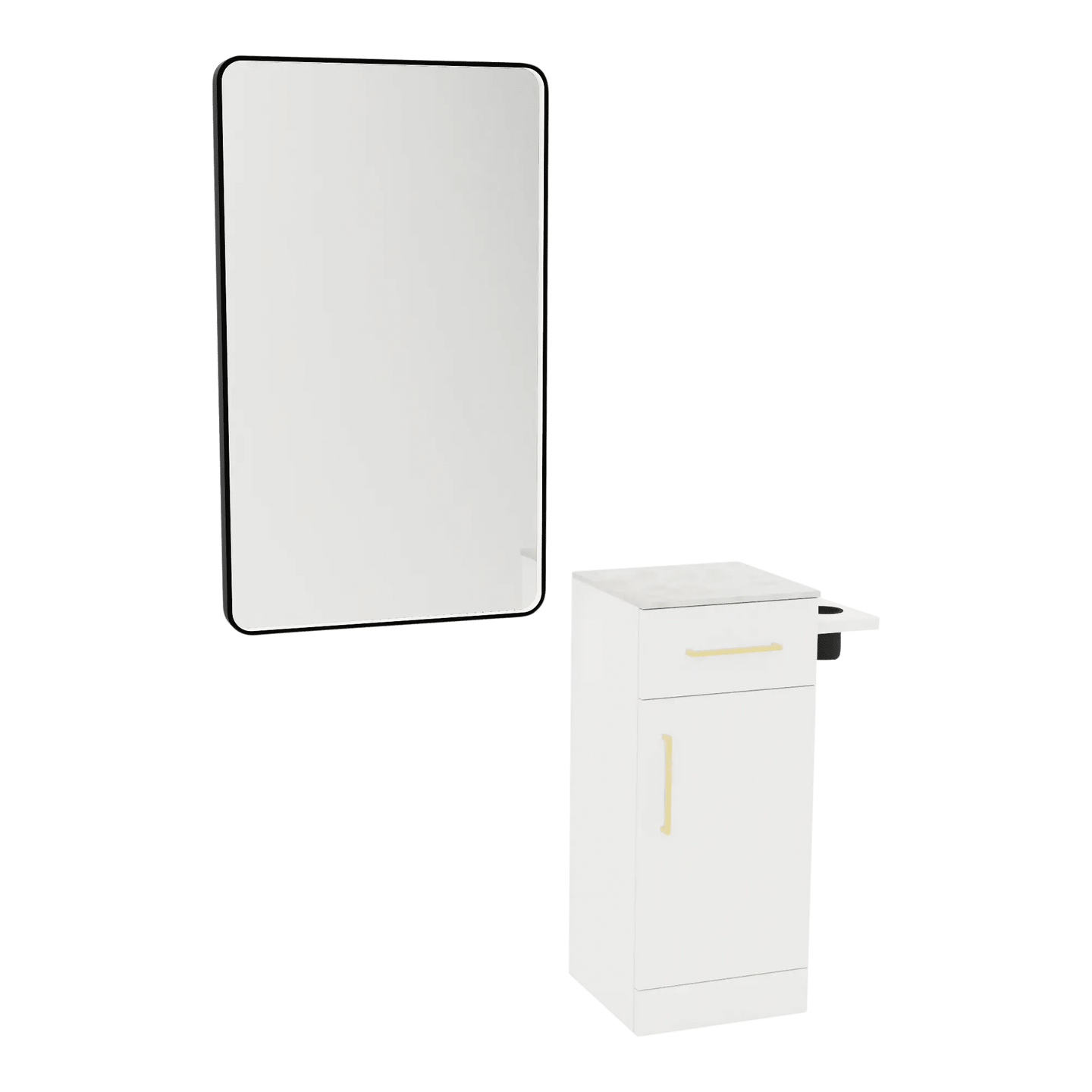 Nova Tower Free Standing Styling Station with Side-Mount Appliance Holder, Solid Surface Countertop, and Black Rectangle Westin Mirror - Kaemark