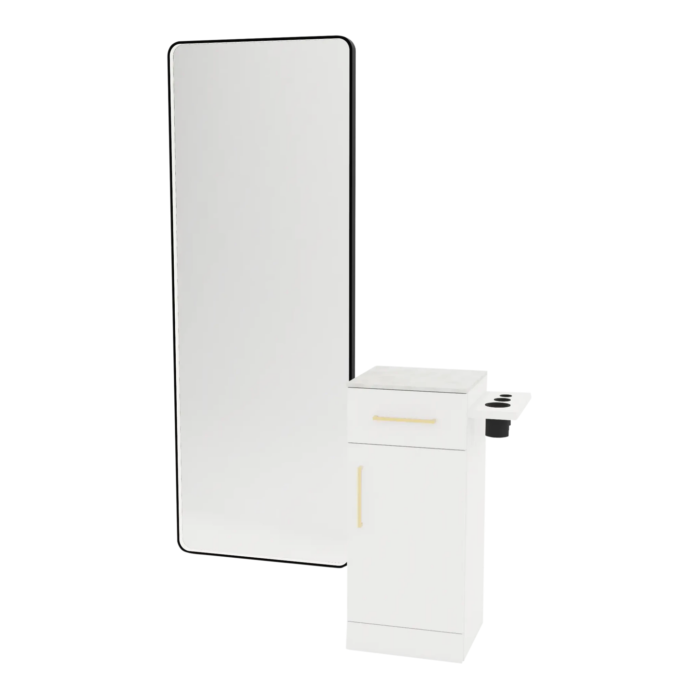 Nova Tower Free Standing Styling Station with Side-Mount Appliance Holder, Solid Surface Countertop, and Black Full-Length Rectangle Westin Mirror - Kaemark