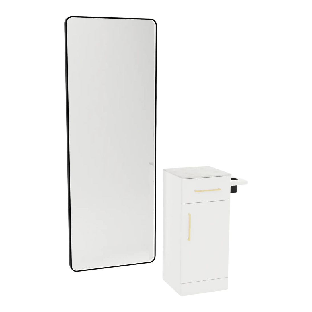 Nova Tower Free Standing Styling Station with Side-Mount Appliance Holder, Solid Surface Countertop, and Black Full-Length Rectangle Westin Mirror - Kaemark