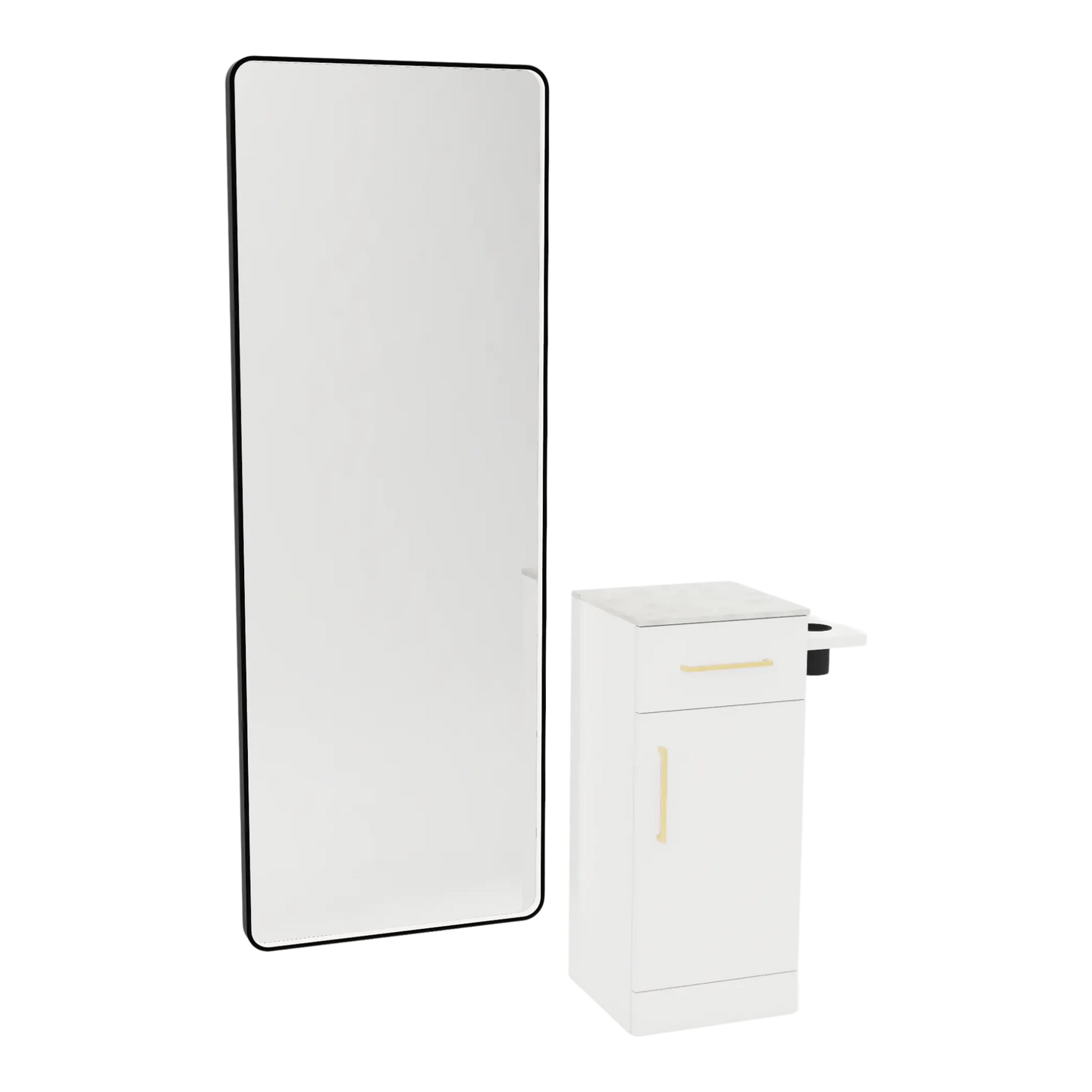 Nova Tower Free Standing Styling Station with Side-Mount Appliance Holder, Solid Surface Countertop, and Black Full-Length Rectangle Westin Mirror - Kaemark