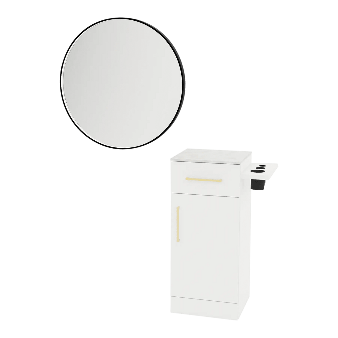 Nova Tower Free Standing Styling Station with Side-Mount Appliance Holder, Solid Surface Countertop, and Black Round Westin Mirror - Kaemark