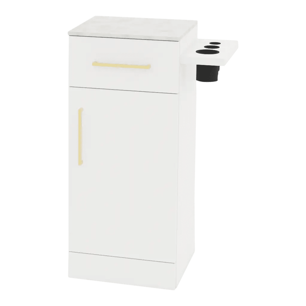 Nova Tower Free Standing Styling Station with Side-Mount Appliance Holder and Solid Surface Countertop (Cabinet Only) - Kaemark