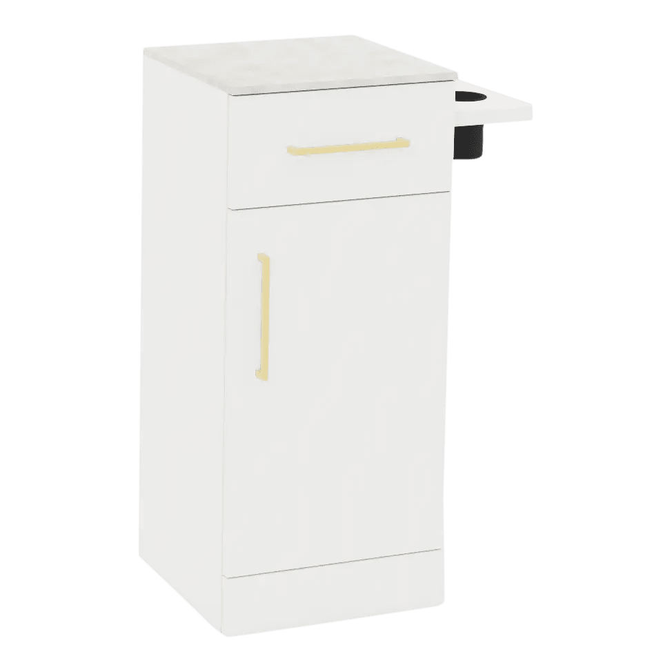 Nova Tower Free Standing Styling Station with Side-Mount Appliance Holder and Solid Surface Countertop (Cabinet Only) - Kaemark