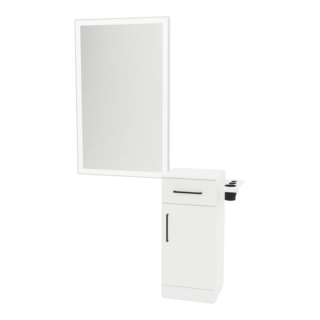 Nova Wall Mount Styling Station with Concealed Appliance Holder, Solid Surface Countertop, and Silver Rectangle Glo Mirror - Kaemark