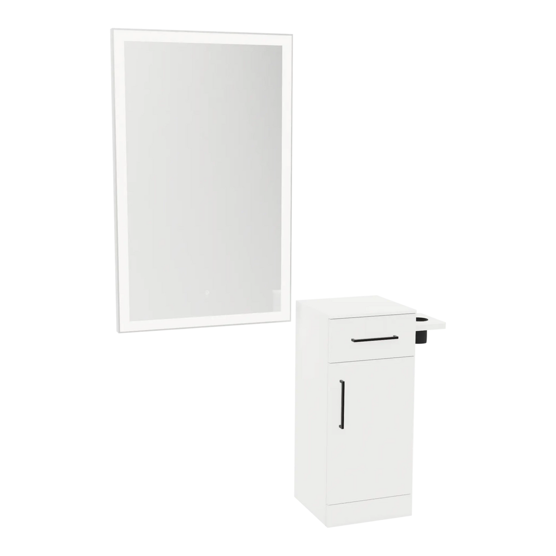 Nova Wall Mount Styling Station with Concealed Appliance Holder, Solid Surface Countertop, and Silver Rectangle Glo Mirror - Kaemark