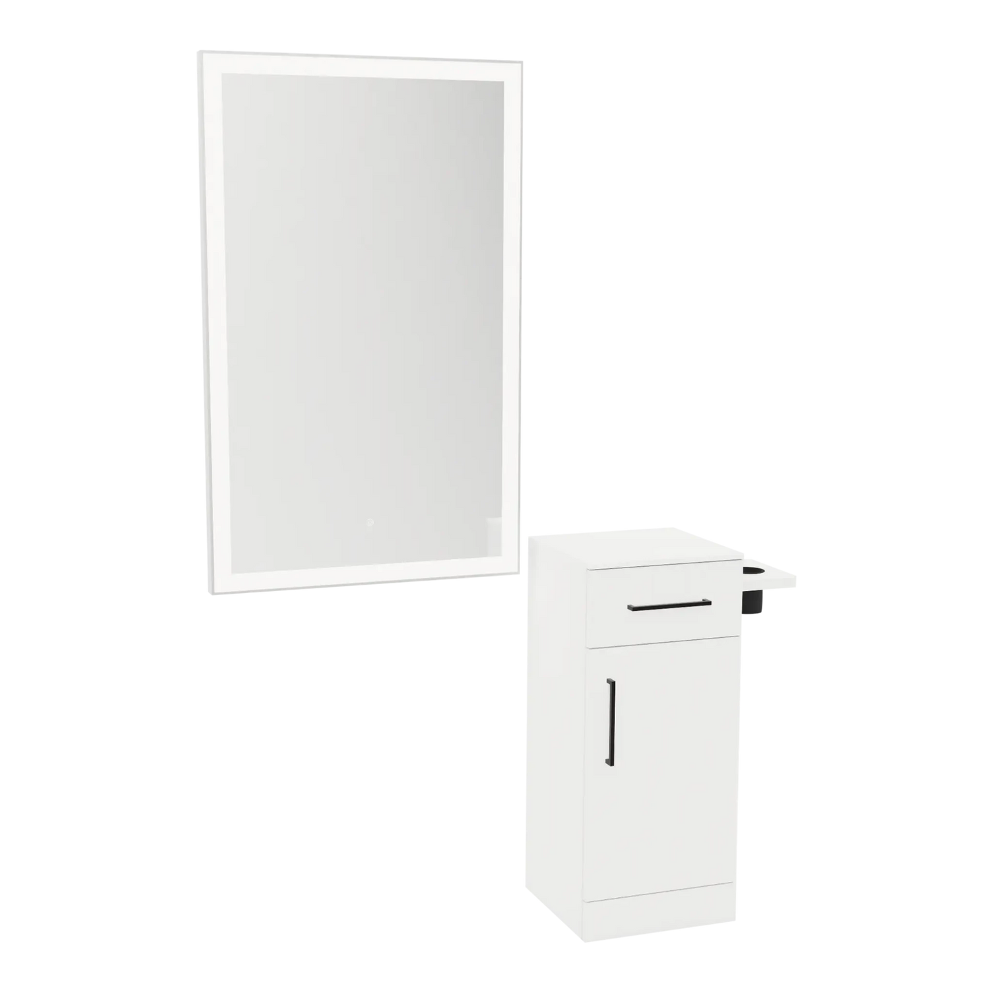 Nova Wall Mount Styling Station with Concealed Appliance Holder, Solid Surface Countertop, and Silver Rectangle Glo Mirror - Kaemark