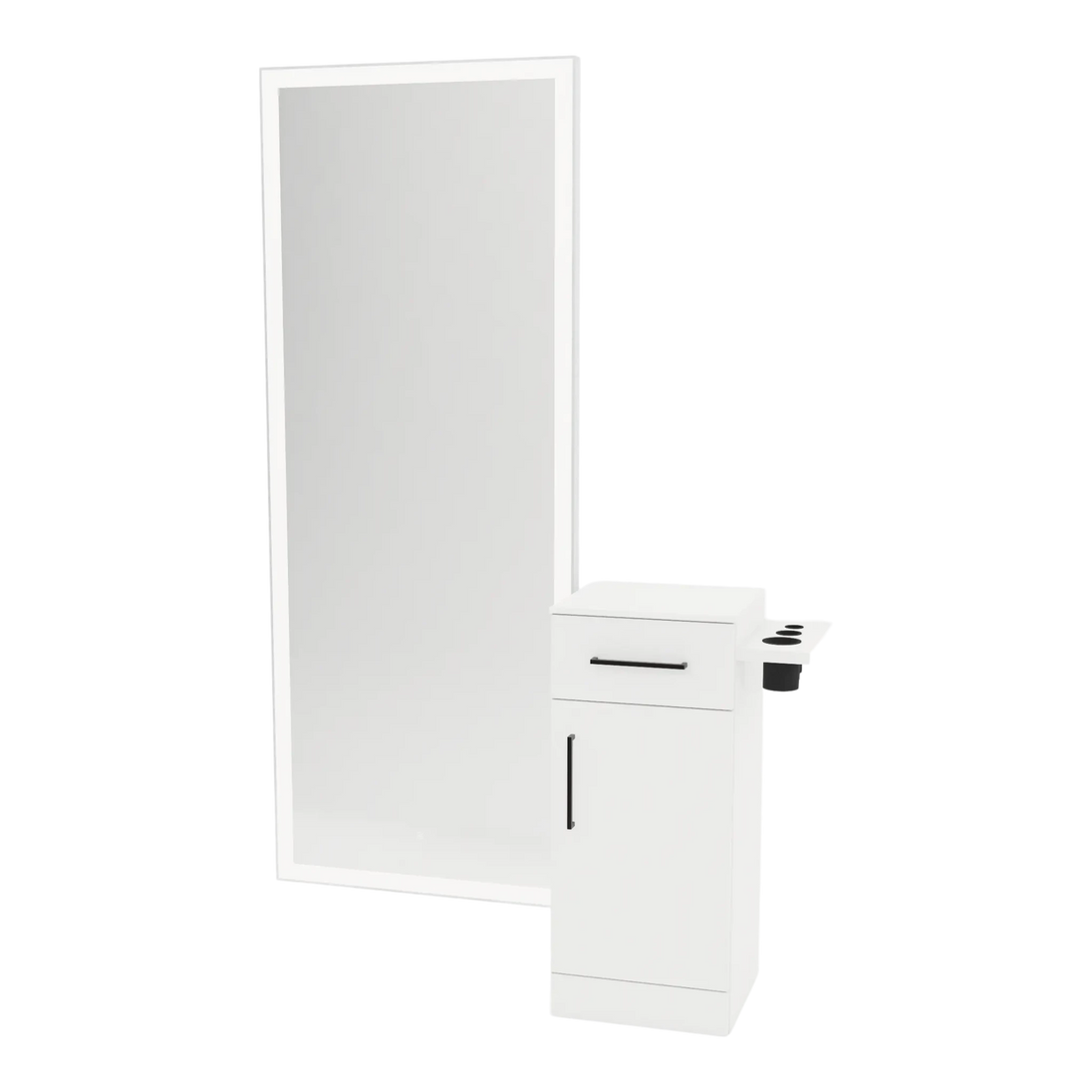 Nova Tower Free Standing Styling Station with Side-Mount Appliance Holder, Solid Surface Countertop, and Silver Full-Length Rectangle Glo Mirror - Kaemark