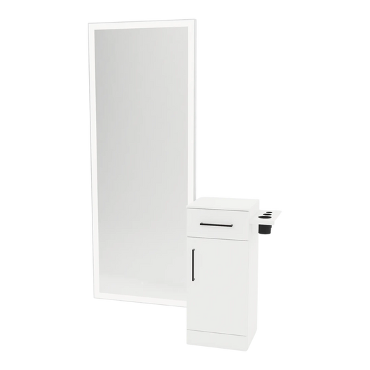 Nova Tower Free Standing Styling Station with Side-Mount Appliance Holder, Solid Surface Countertop, and Silver Full-Length Rectangle Glo Mirror - Kaemark