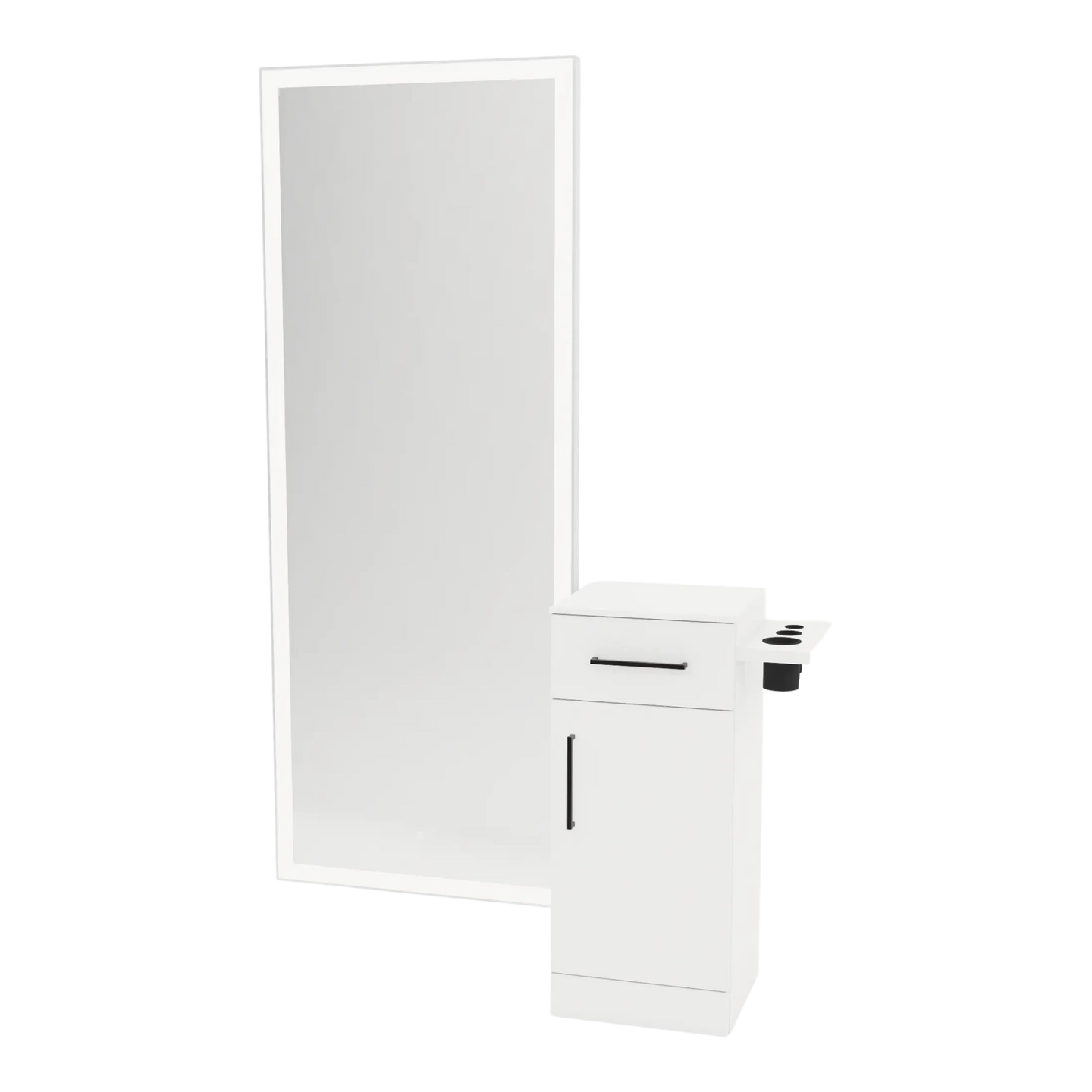 Nova Tower Free Standing Styling Station with Side-Mount Appliance Holder, Solid Surface Countertop, and Silver Full-Length Rectangle Glo Mirror - Kaemark