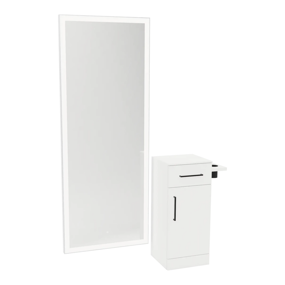 Nova Tower Free Standing Styling Station with Side-Mount Appliance Holder, Solid Surface Countertop, and Silver Full-Length Rectangle Glo Mirror - Kaemark