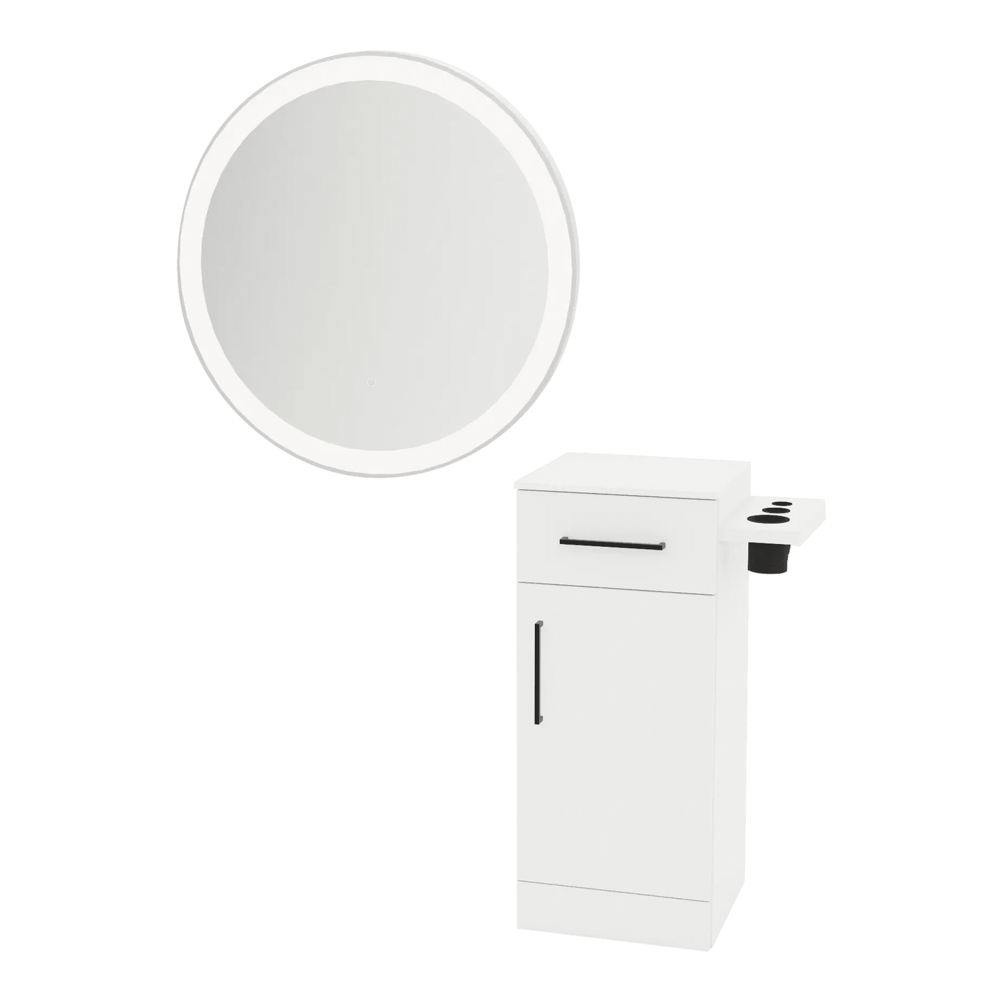 Nova Tower Free Standing Styling Station with Side-Mount Appliance Holder, Solid Surface Countertop, and Silver Round Glo Mirror - Kaemark