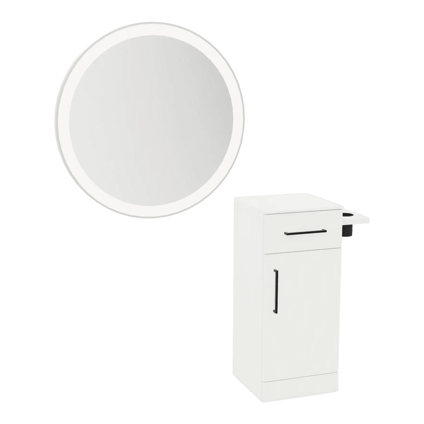 Nova Tower Free Standing Styling Station with Side-Mount Appliance Holder, Solid Surface Countertop, and Silver Round Glo Mirror - Kaemark