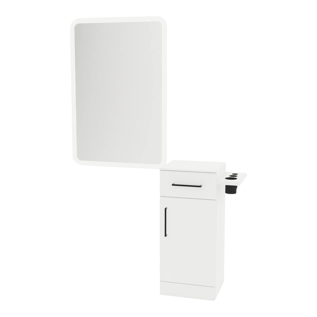 Nova Tower Free Standing Styling Station with Side-Mount Appliance Holder, Solid Surface Countertop, and White Rectangle Illuminate Back Lit Mirror - Kaemark