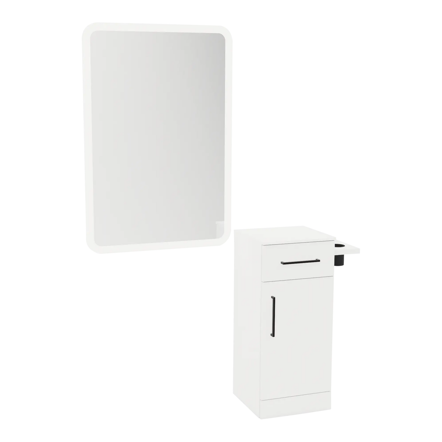Nova Tower Free Standing Styling Station with Side-Mount Appliance Holder, Solid Surface Countertop, and White Rectangle Illuminate Back Lit Mirror - Kaemark